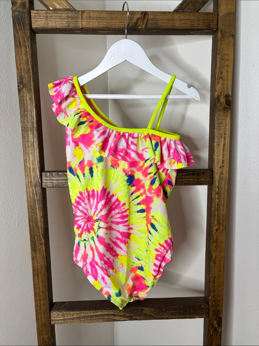 Limited Too Neon Pink & Yellow Tie-Dye One-Shoulder Ruffle Swimsuit